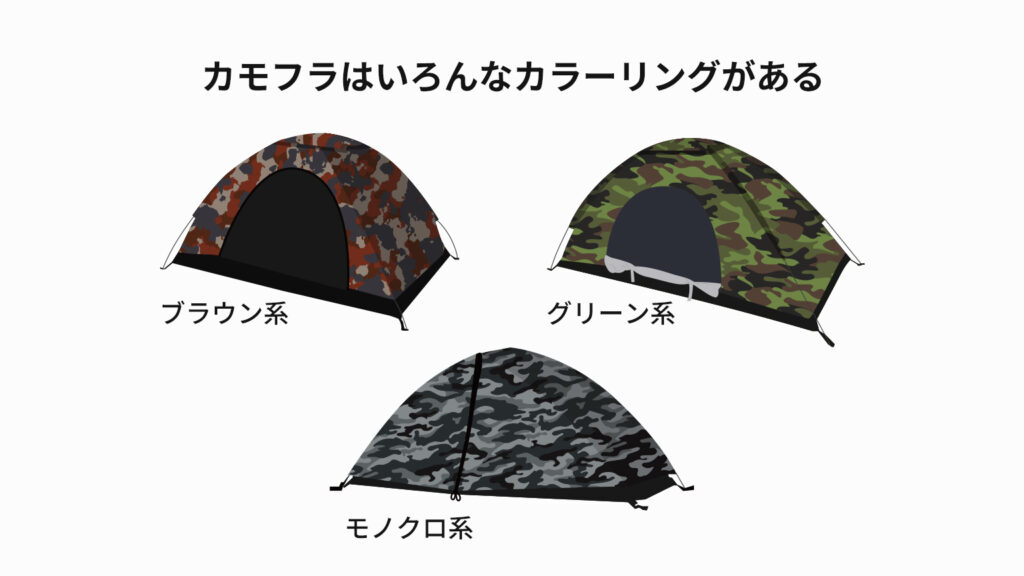 カモフラはいろんなカラーリングがある、ブラウン系、グリーン系、モノクロ系
