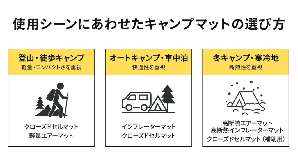 使用シーンにあわせたキャンプマットの選び方