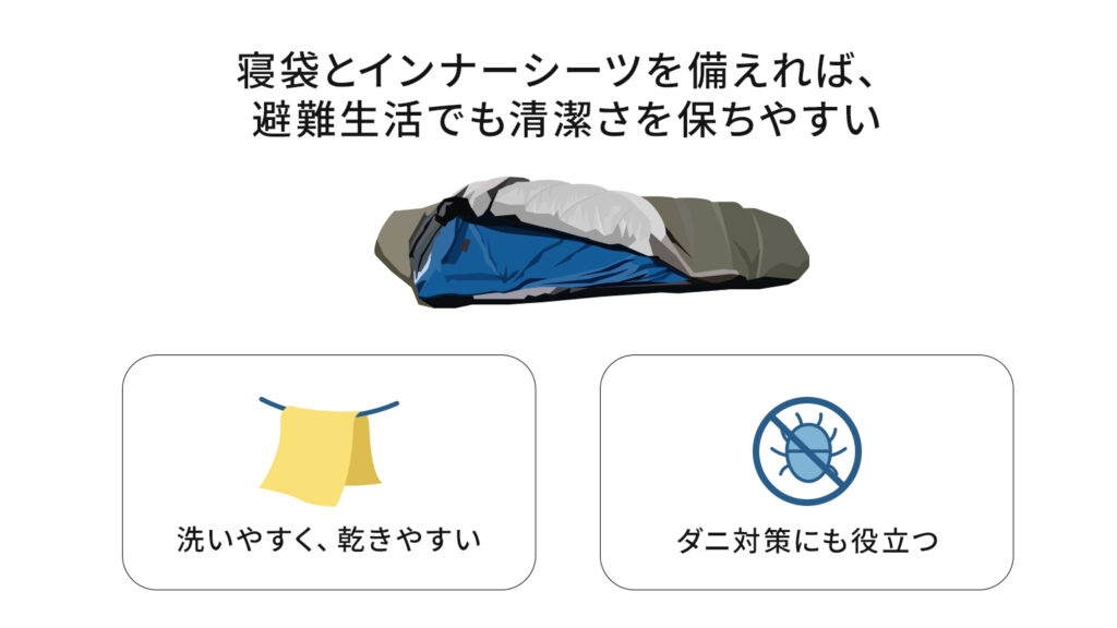 寝袋とインナーシーツを備えれば避難生活でも清潔さを保ちやすい